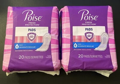 2x Poise Fresh Protection Incontinence Pads, Moderate Absorbency Regular #4 20ct