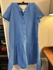 J Jill Dress Size L Cotton Gauze Tiered Short Sleeve Popover Cyan Blue Roomy - Picture 1 of 10