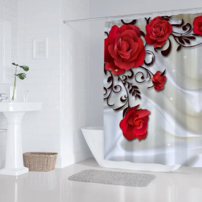 Juego de Cortina de Ducha Floral Rosa Roja Decoración Baño Impermeable 12 Ganchos 71x71 pulgadas Foto 1 de 4