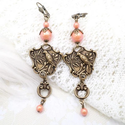 Brass Bird Earrings: Orange Peach Pearl Dangles, Handmade Jewelry - Image 1 of 4