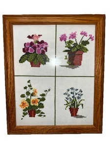 2016 Cross Stitch  4 Potted Flowered Plants In 8x10 in Wooden Frame - Picture 1 of 11