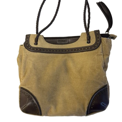 Esprit Vintage Beige Corduroy Faux Leather Handbag Tote Purse Retro Look Boho - Image 1 of 4