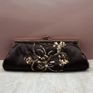 Vintage Style Bronze Beaded Rose Flower Ornate Evening Handbag Purse Brown - Picture 1 of 23