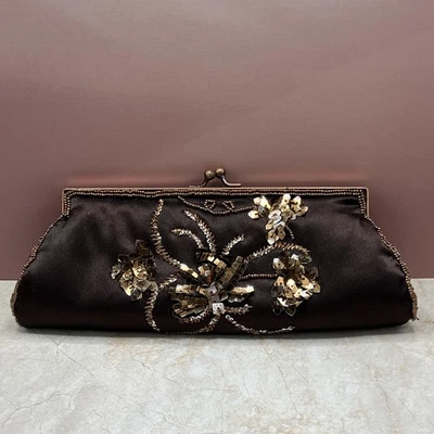 Vintage Style Bronze Beaded Rose Flower Ornate Evening Handbag Purse Brown - Image 1 of 4