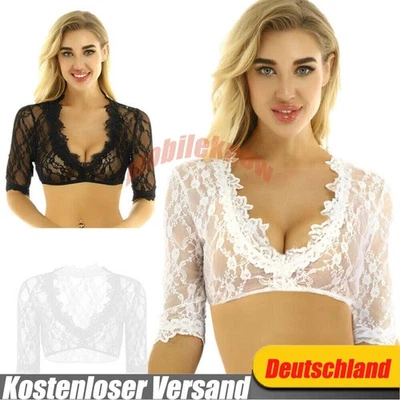 Damen Sexy Spitze Dirndlbluse 3/4 Arm Trachten Bluse Oktoberfest Wrap Crop NEU - Bild 1 von 4