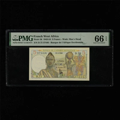 1943-54 French West Africa 5 Francs Pick#36 PMG 66 EPQ Gem UNC - Image 1 of 4