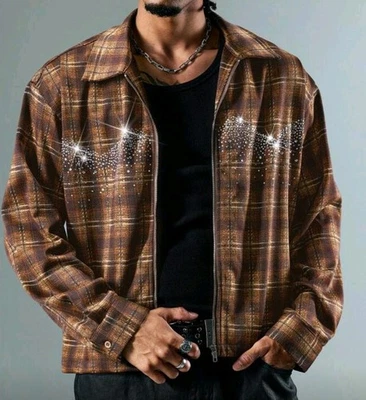 New Men Luxury Diamond Rhinestones Fashion Brown Jacket High Quality - Image 1 of 4