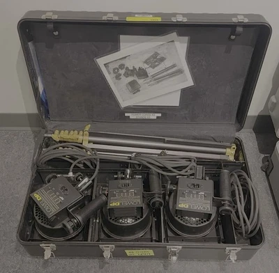 3x Lowel DP Spot Flood Studio Lights Barn Doors Cords & Lowel Case & Stands - Image 1 of 3