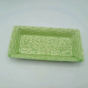 Vintage Green Ceramic Floral Basket Weave Rectangle Dish 24.5cm - Picture 1 of 8