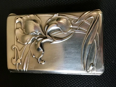 antique art nouveau floral sterling silver card holder case, interior made of si Cover