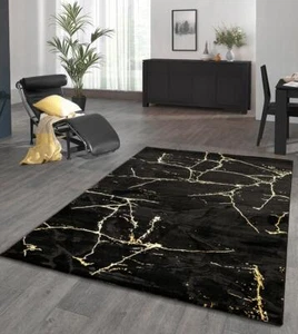 Moderner Kurzflorteppich Wohnzimmer Marmor Optik Schwarz Gold - Bild 1 von 5