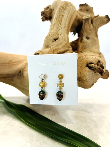 Orecchini Tory Burch Placcati Oro Pendenti Goccia Perla Fragola Doppia T Logo