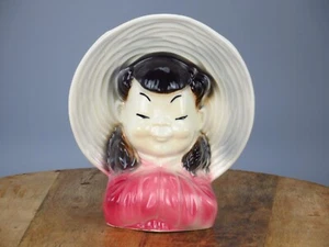 Vintage Royal Copley Head Vase Asian Girl Planter Wall Pocket Oriental Hat Pink  - Picture 1 of 12