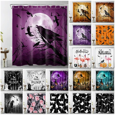 Pumpkin Black Cat Ghost Crow Halloween Shower Curtain Bathroom Accessories Set - Image 1 of 4
