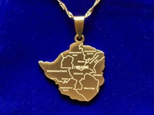 Simbabwe Karte Anhänger Halskette & Geschenkbeutel, Gold Stahl Metallkette Afrika - Bild 1 von 2