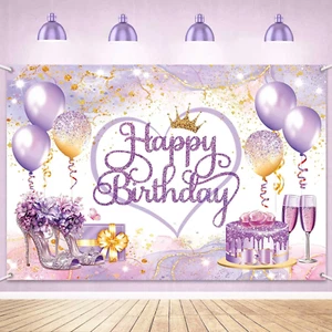 Purple Gold Happy Birthday Backdrop Banner Pink and Purple Happy Birthday Sign.. - Picture 1 of 7