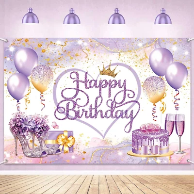 Cartel de feliz cumpleaños dorado púrpura con telón de fondo rosa y púrpura... Foto 1 de 4