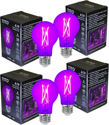 4 Pack E26 A19 Filament LED Black Light Bulbs, UVA 395Nm 6W Blacklight Bulb 100W - Image 1 of 4