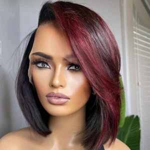99J Short Human Hair Lace Front Wigs Brazilian Remy Hair Highlight Bob Wigs 13X4 - Picture 1 of 8