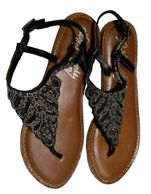 Naughty Monkey New Sz 8.5 Rhinestone Embellished Black Leather Flat Sandals - Image 1 of 4