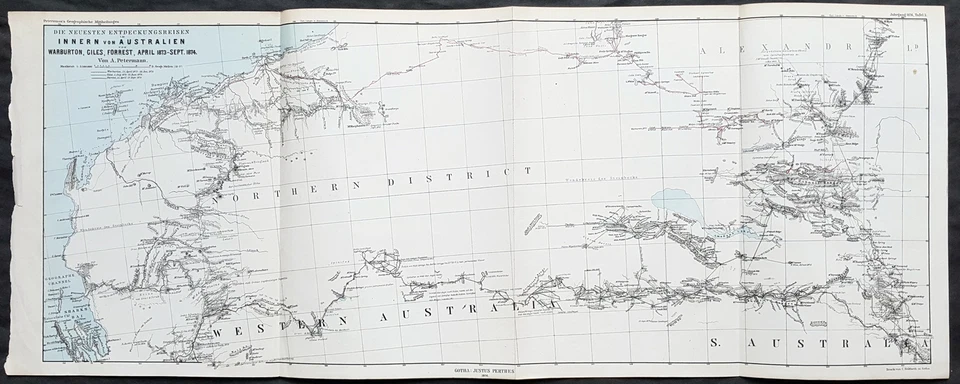 1876 Petermann Antique Map Western & South Australia - Warburton, Giles, Forrest - Image 1 of 2