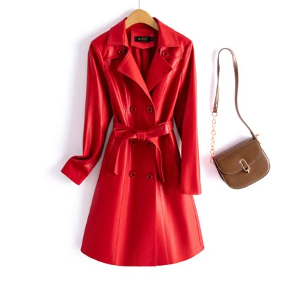 New Women's Leather Jacket Windbreaker Long Motorcycle PU Leather Trench Coat - Image 1 of 4