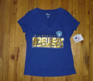 NWT Women's Milwaukee Brewers Short-Sleeve V-Neck Blue Top Size L - Picture 1 of 3