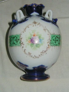 OLD JAPANESE NIPPON PORCELAIN 3-HANDLED BULB VASE,  HAND PAINTED, COBALT COLOR - Bild 1 von 6
