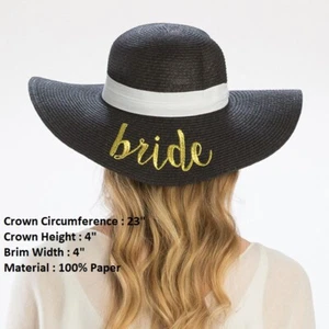 Bride Wedding Lover Black Stripe Straw Sun Floppy Beach Hat Wide Brim Party - Picture 1 of 2