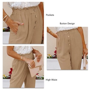 Women Pants High Waist Elastic Casual Loose Cloth Buttoned Trousers with Pockets - Picture 1 of 6
