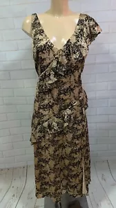 Beautiful Tan Black Print Frill Layer Plunge Neck Dress Size 8-18 - Picture 1 of 6