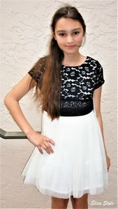 Splendido abito bambina paillettes cuori festa nero pizzo bianco taglia 12 - Foto 1 di 7