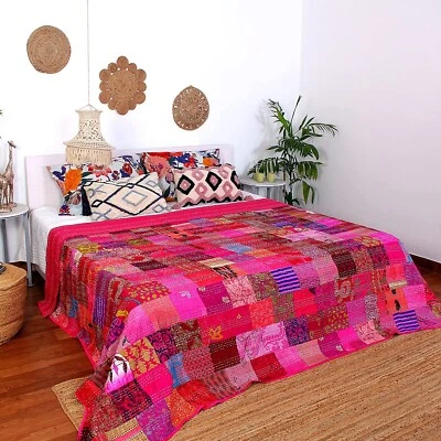 Edredón Kantha de seda rosa indain vintage patola hecha a mano funda bohemia Foto 1 de 4