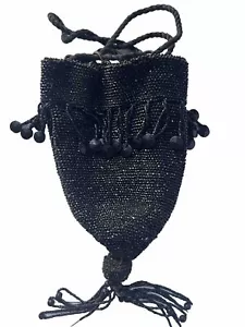 1920’s Flapper Black Glass Beaded Handbag Tasseled Drawstring Purse Evening Bag - Picture 1 of 15