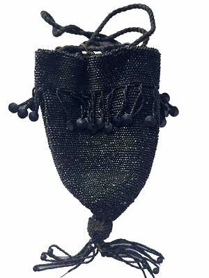 1920’s Flapper Black Glass Beaded Handbag Tasseled Drawstring Purse Evening Bag - Image 1 of 4