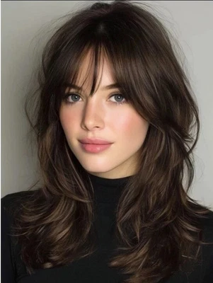 Peluca frontal de encaje de cabello humano Bob Wave marrón con flequillo para mujer 13x4 Foto 1 de 3