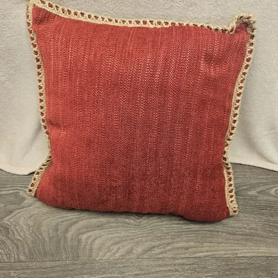 Decorative Throw Pillow Red Rust Color Braided Jute Border 18X18 - Image 1 of 4