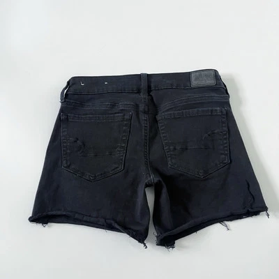 American Eagle Midi Black Denim Jean Shorts Next Level Stretch Size 0 Cutoff - Image 1 of 4