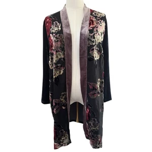 Cárdigan abierto Mystree grande floral de terciopelo gris oscuro azul kimono Ruana  - Imagen 1 de 8