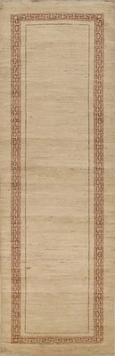 Bordered Handmade 9 ft Runner Rug 3x9 Beige Wool Modern Hallway Carpet - Image 1 of 4