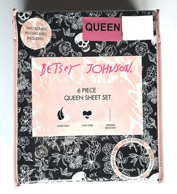 Betsey Johnson Halloween Calavera Floral Rosas Reina Juego de Sábanas 6 Piezas Negro Blanco Foto 1 de 4
