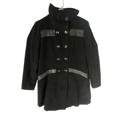 Abrigo para mujer Marvin Richards 6 negro mezcla de lana doble botonadura imitación cuero ribete Foto 1 de 4