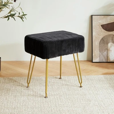 Black Velvet Rectangular Footrest Stool – Modern Vanity Seat with Metal Legs - Image 1 of 4