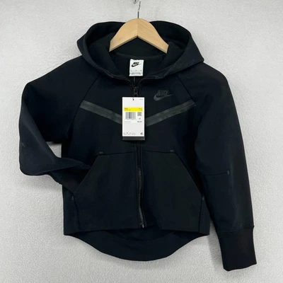 Nike 连帽衫 青少年 S 女孩 运动装 Tech Fleece 全拉链 卫衣 黑色 全新 — 第 1/4 张图片