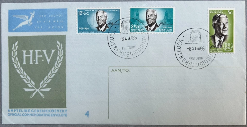 África do Sul 1966 - Conjunto de selos Político Verwoerd - Envelope comemorativo - Imagem 1 de 1