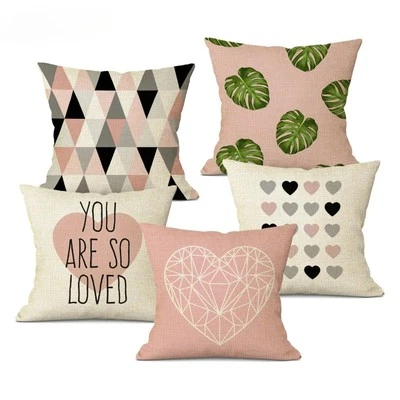Pink Geometric Nordic Cushions Cover Palm Leaf Throw Pillows Cover Heart Pillow - Image 1 of 4