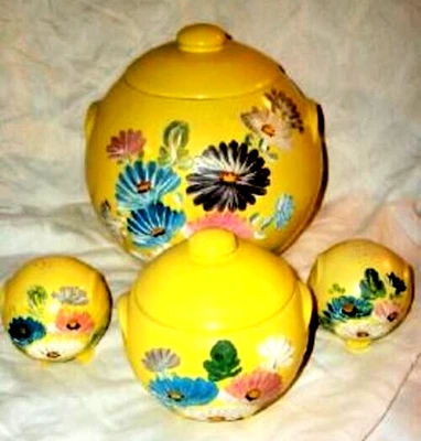 COTTAGECORE Yellow Ball Cookie Jar Ransburg HP Flowers Stoneware Grease Jar S&P - Image 1 of 4
