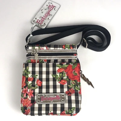 Bolso Bandolera Betsey Johnson BETSEYVILLE Rosa Floral Negro/Blanco Cuadros Guinga Foto 1 de 4