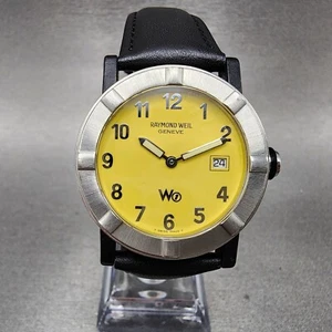 Raymond Weil W1 Watch Men 35mm Yellow Dial Black Tone Date Round 6000 New Batt - Picture 1 of 12