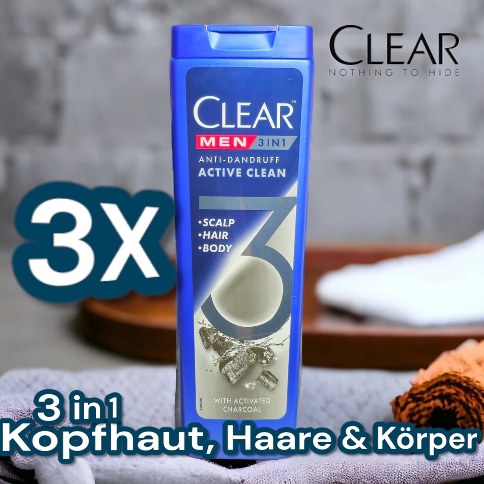 3X Clear MEN ACTIVE CLEAN 3 in 1 ANTI-DANDRUFF Shampoo Set  (3X 360ml) - Bild 1 von 2
